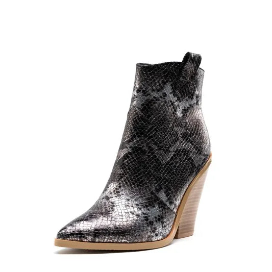 MStacchi Gold Snake Print Ankle Boots For Women Wedge High Heels Boots Woman Runway Design Chunky Heels Botas Mujer Western boot Gun color snake