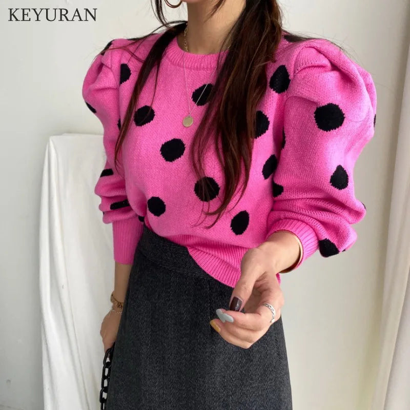 Korean Chic Puff Sleeve Sweater Women Stylish Autumn Winter Polka Dot Pullover Sweater Women's Knitwear Jumper Tops Lady