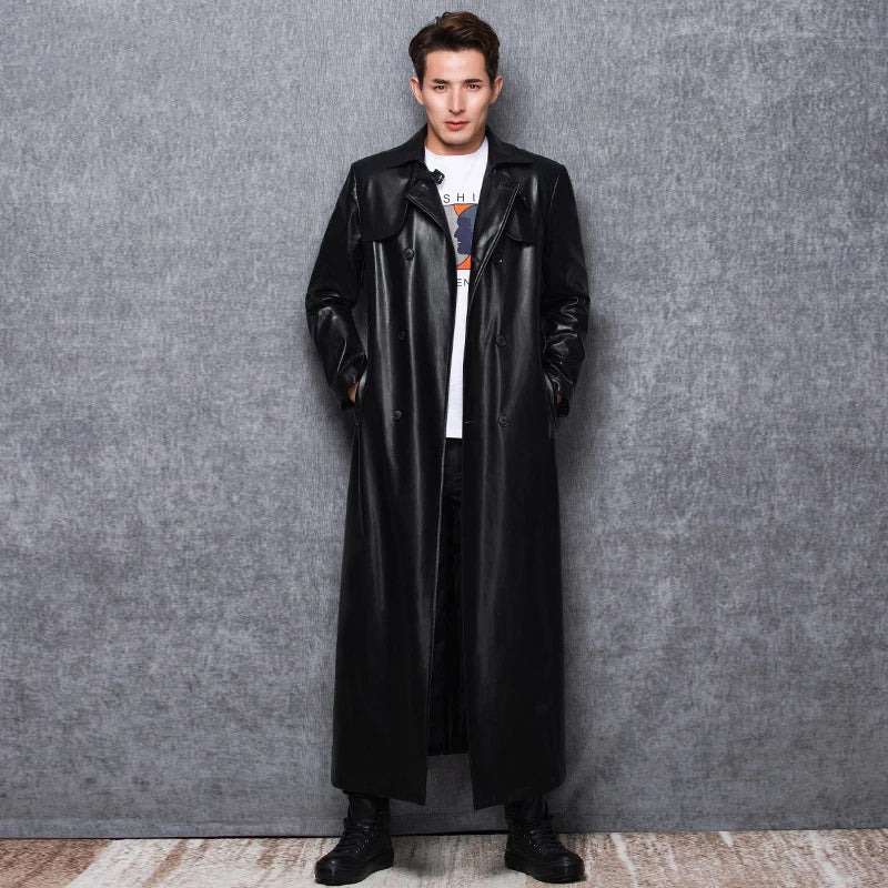 Lautaro-Long Black Leather Trench Coat for Men, Long Sleeve, Double Breasted, Plus Size, PU Leather, Men's Clothing, 6XL, 7XL Black