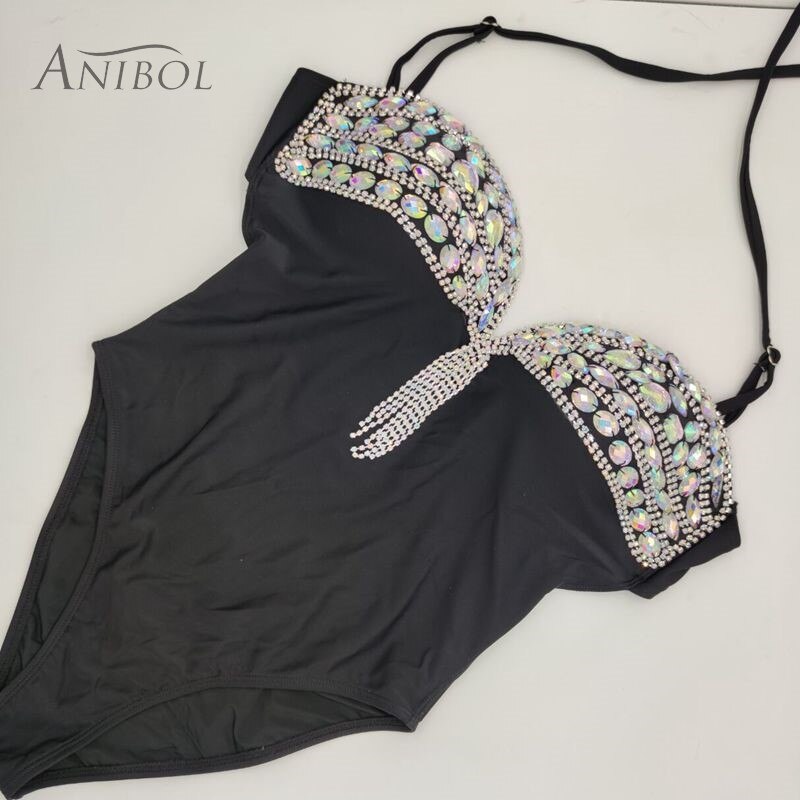 Sexy Backless Women Swimsuit Rhinestone One Piece Swimwear Luxury Crystal Diamond Female Bathing Suit Newest Monokini Black