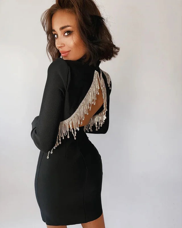 Red Black Sexy Fashion Sparkly Backless Diamonds Tassel Rayon Bandage Dress Cocktail Party Dress Vestidos black