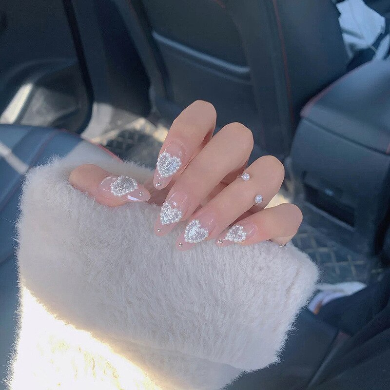 24pcs False Nails Floral Beads Decorated Artificial Nail Tips Bride Reusable Fingernails Fake Nail Press On Nail накладные ногти 24