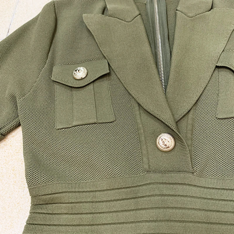 HIGH QUALITY Newest Designer Runway Fashion Women's Short Sleeve Notched Collar Lion Buttons Knitted Dress