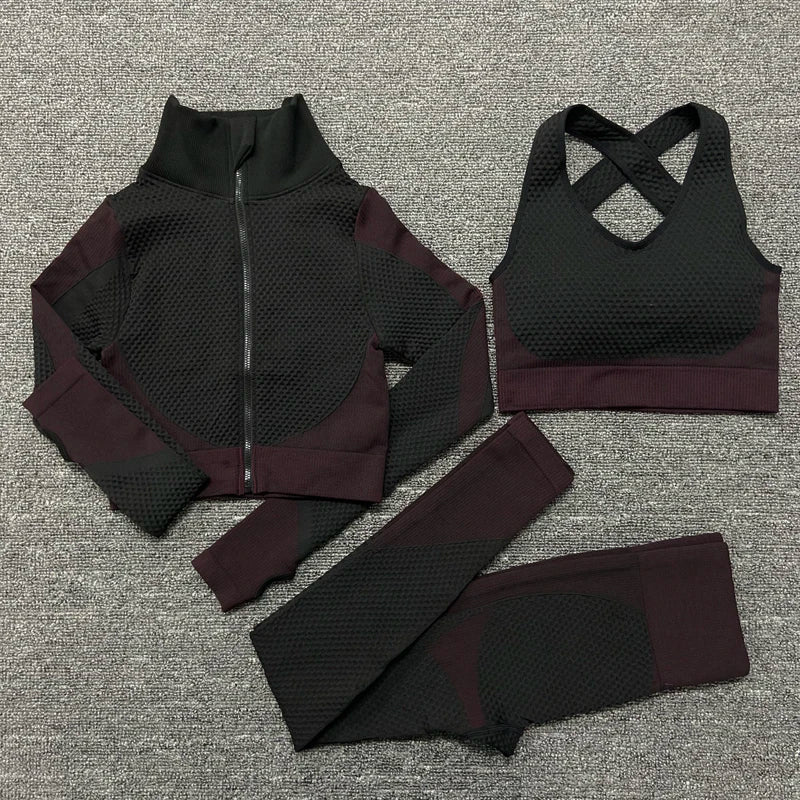 Seamless Women Yoga Sets Female Sport Gym Suits Wear Running Clothes Women Fitness Sport Yoga Suit Long Sleeve Yoga Clothing 3PcsSetPurple