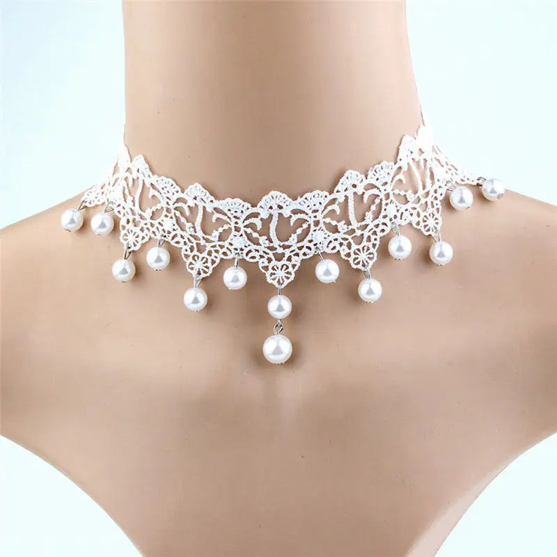 Fashion Elegant Vintage Imitation Pearl White Lace Statement Choker Necklaces Bridal Jewelry For Women Wedding Silver White