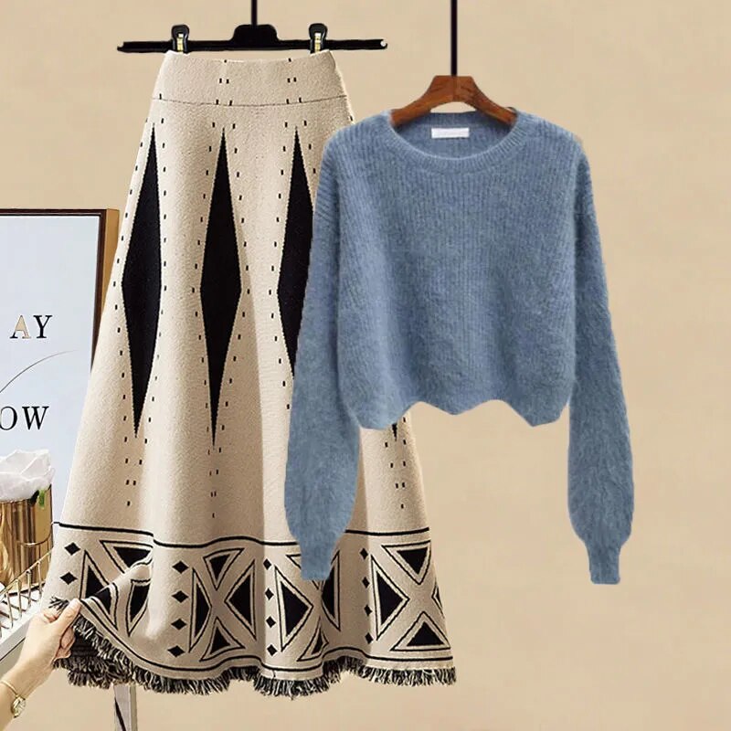 Women Autumn Winter Warm Knitted Two Pieces Sets Korean Long Sleeve Pullover Sweater Top And High Waist Skirts Sets Skirt Two Piece Set 12