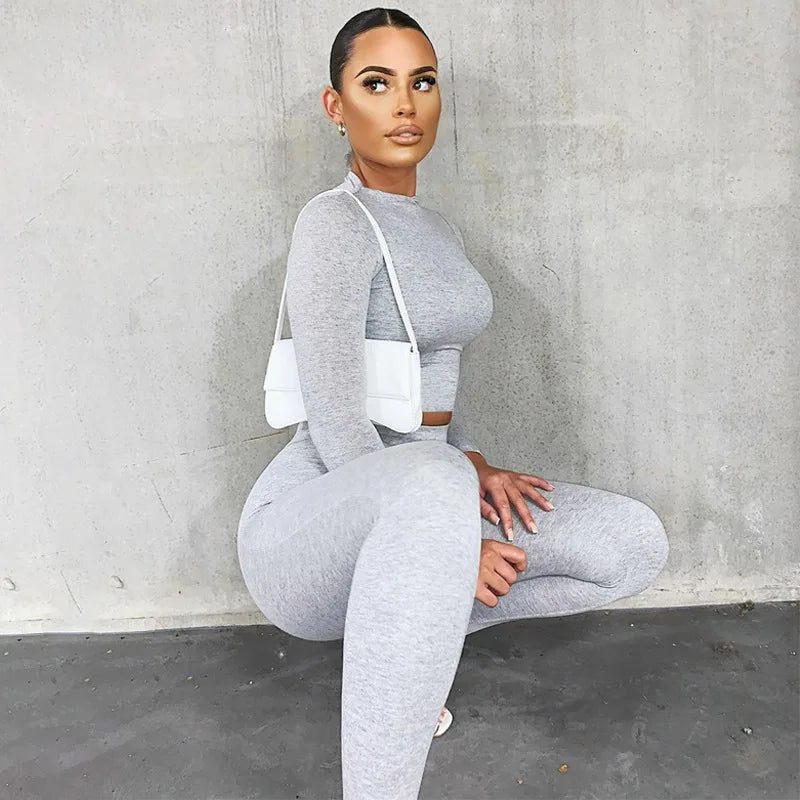 Women’s Summer Sport Suits Solid Long-Sleeves Short Top + High-Waist Skinny Pants Casual Outfits Female Sportswear Outerwear GRAY