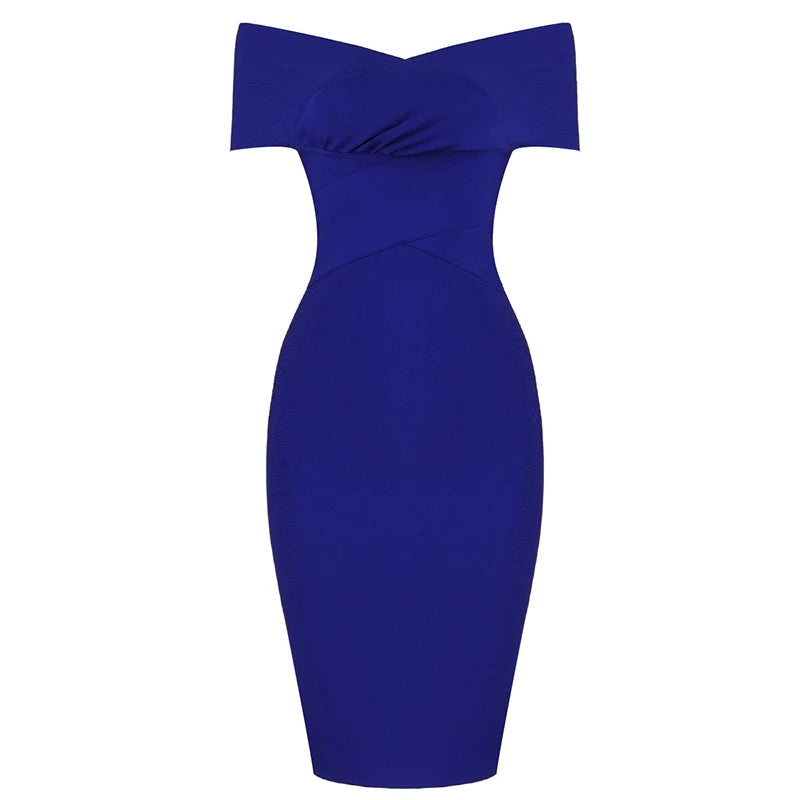 New Summer Women Bodycon Sexy Off The Shoulder Rayon Bandage Dress Club Dress Midi Celebrity Party Dress Blue