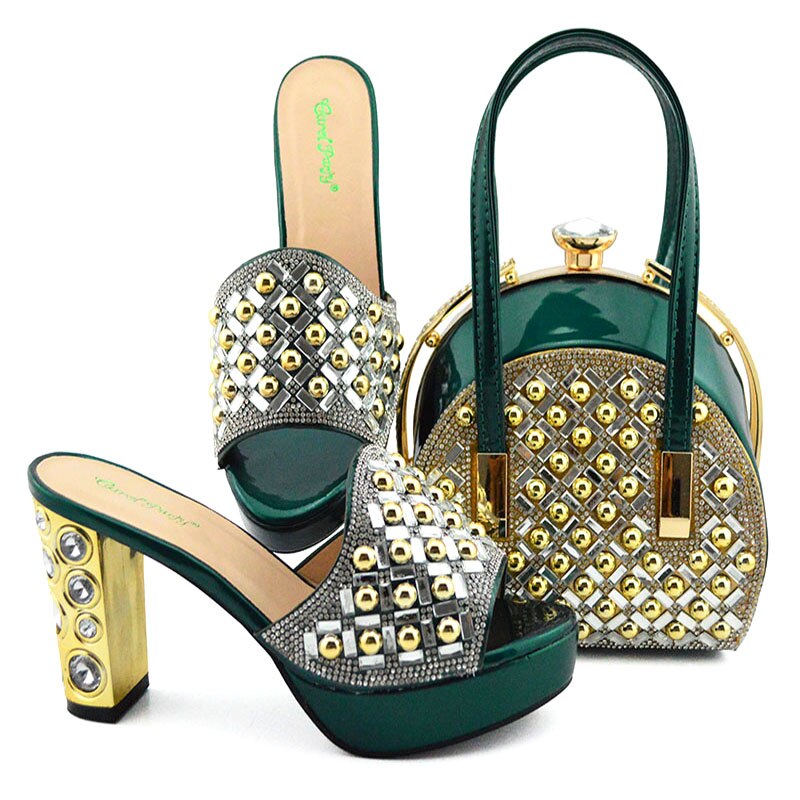 Summer New Coming Italian design Teal Color Shoes And Bag To Match Set Nigerian High Heels Party with Mature style D.Green