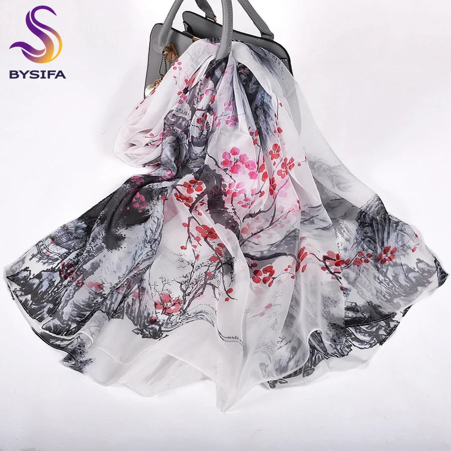 [BYSIFA] White 100% Silk Scarf Cape Fashion Floral Design Long Scarves Women Summer Utralong Beach Shawl Winter Scarves180*110cm grey pink plum