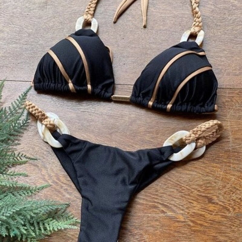 Weave triangle swimsuit lady biquinis Brazilian women bikini ring sexy bathing suit 2024 two pieces suits Halter micro swimwear