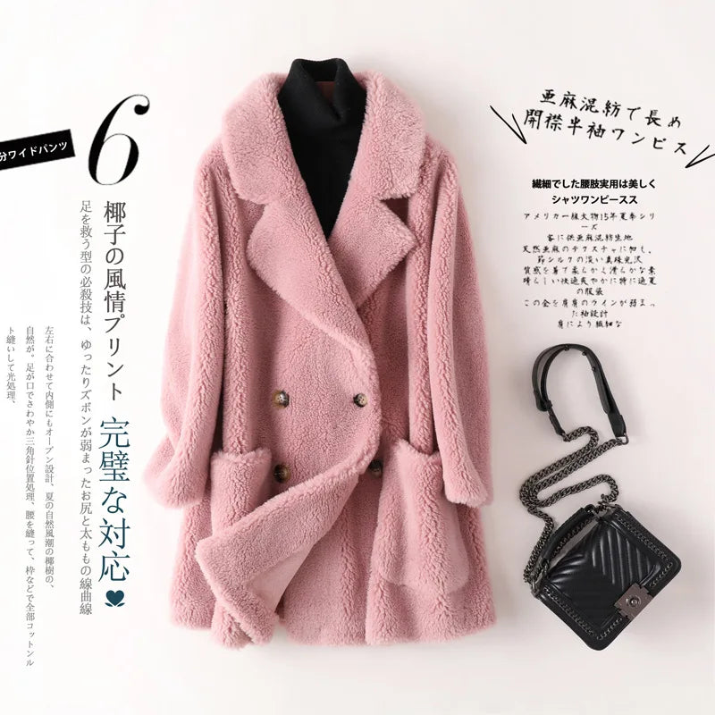 Real Fur Coat Australian Womens Natural Wool Coats Thick Warm Elegant Loose Large Size Long Outwear For Women Pink