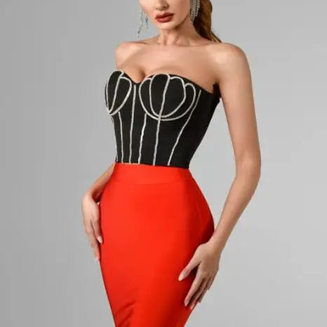 Red Black Ladies HL Bandage Dress Strapless Sexy 2 Pieces Bodycon Mini Dress Off the Shoulder Girls' Birthday Party Dress