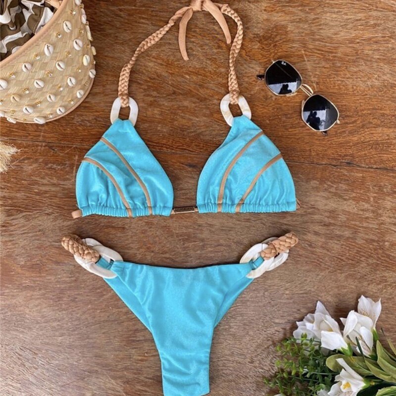 Weave triangle swimsuit lady biquinis Brazilian women bikini ring sexy bathing suit 2024 two pieces suits Halter micro swimwear