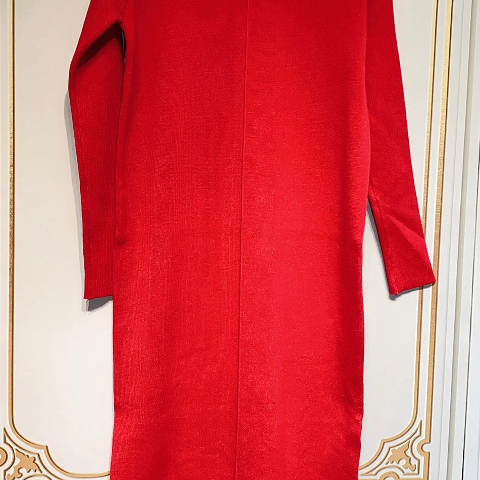 2024 Casual Midi Knit Dress Women's O-neck Long Sleeve Split Straight Dresses 2023 New Autumn Pure Color Knit Vestidos Red