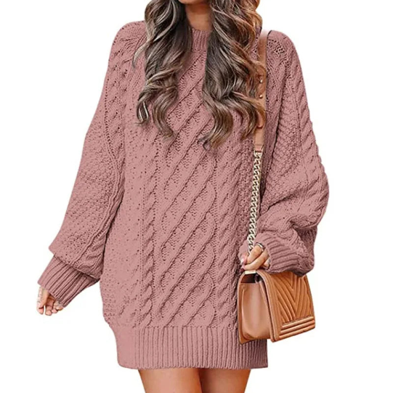 13 Colors Women Crewneck Long Sleeve Oversized Tops Cable Knit Chunky Pullove Thick Autumn and Winter Sweater Dresses Pink
