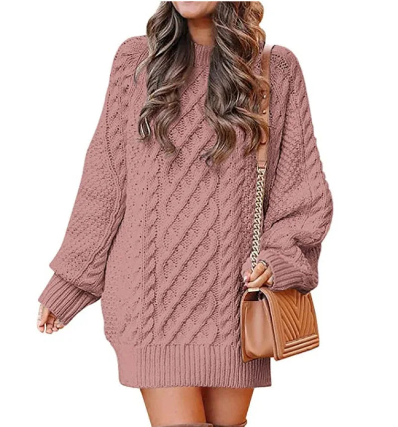 13 Colors Women Crewneck Long Sleeve Oversized Tops Cable Knit Chunky Pullove Thick Autumn and Winter Sweater Dresses Pink