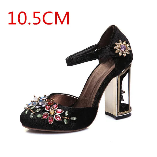 Autumn Crystal Flower Mary Janes Women Pumps Shoes Woman Sandals Strange High Heel Party Shoes Handmade Rhinestone Wedding Shoes Black 10.5cm heel