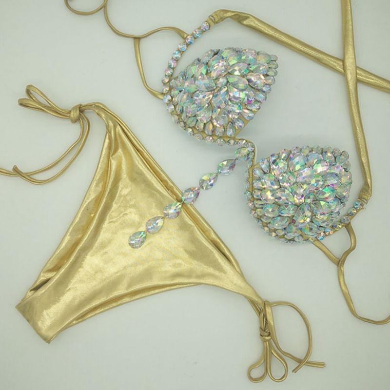 Sexy Gathered Crystal Diamond Bikini Luxury Rhinestone Women's Swimsuit Push Up Halter Straps Triangle Bathing Suit Gold