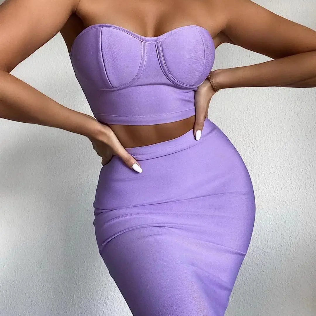 Top Quality Purple Celebrity Two Pieces Set Strapless Knee Length Rayon Bandage Dress Cocktail Party Dress Vestidos