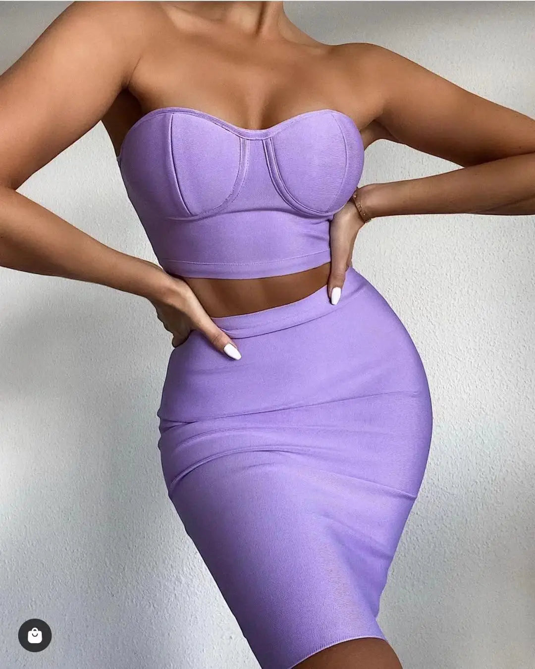 Top Purple Celebrity Two Pieces Set Strapless Knee Length Rayon Bandage Dress Cocktail Party Dress Vestidos