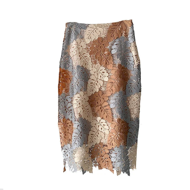 Women Brown Lace Midi Pencil Skirt Bi-material Skirt For Suits With Zipper Long Floral Fashion SKirts Jupe Femme Bi Matiere Long Style