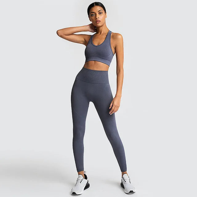 2pcs seamless hyperflex workout sport outfits for women sportswear athletic clothes gym Long Sleeve Crop Top High Waist Leggings grey set