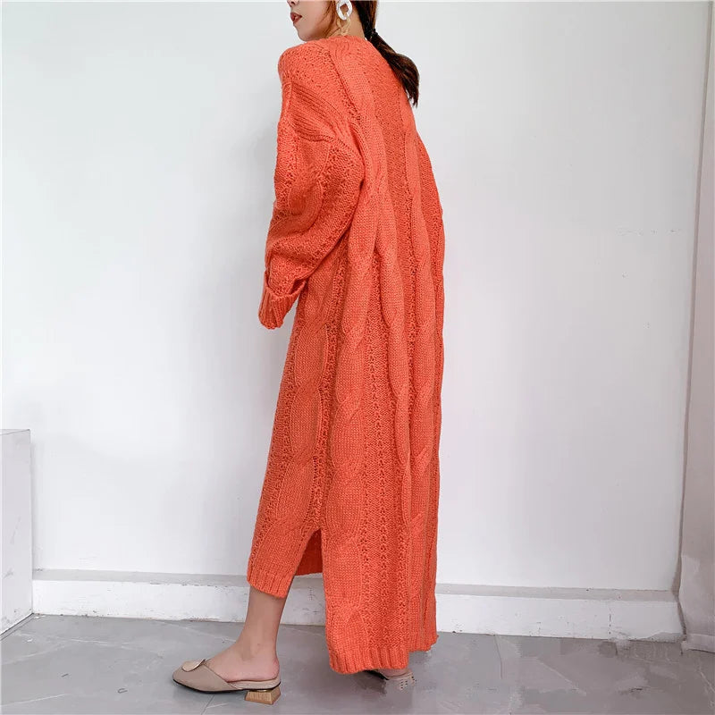 Mohair Oversize Thick Autumn Winter Sweater Dress Women 2020 Side Slit Vintage Twist Pattern Low High Design Knitted Long Dress Orange One Size