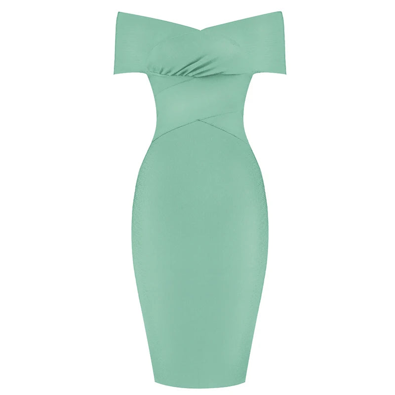 New Summer Women Bodycon Sexy Off The Shoulder Rayon Bandage Dress Club Dress Midi Celebrity Party Dress Turquoise