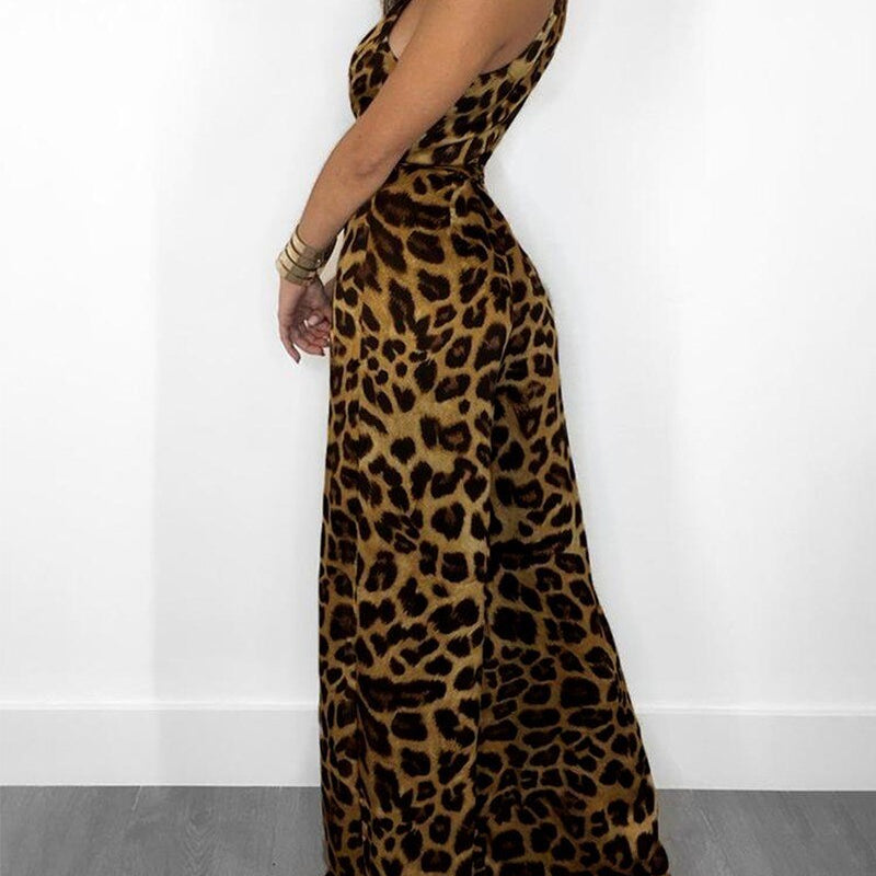 Summer Leopard Print Sleeveless Slit Leg Jumpsuit