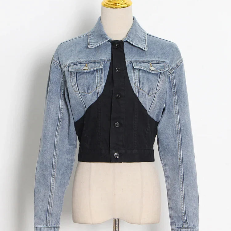 Hit Color Patchwork Denim Two Piece Sets Women Long Sleeve Coat Jacket Female High Waist Pencil Pants Jeans 2022