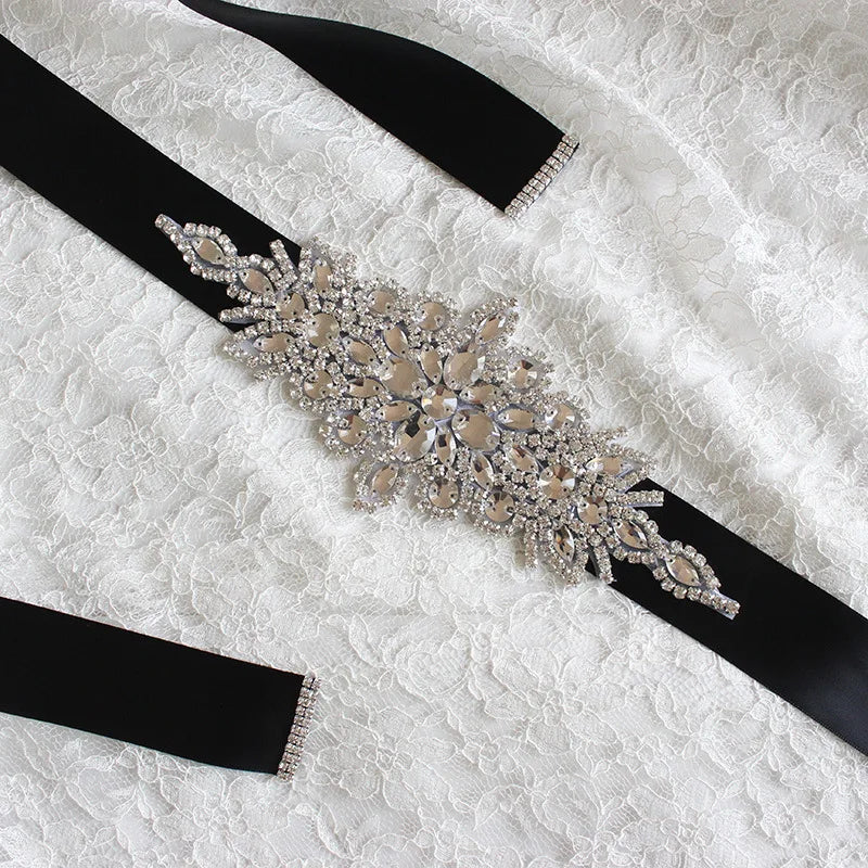 bride belt high-end luxury rhinestone bride satin belt ladies satin belt wedding dress and dress accessories black One Size