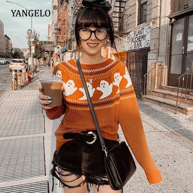 Yangelo Y2k Sweaters Women Halloween's Clothes Gothic Ghost Knitted Pullover for Autumn Winter Purple Streetwear Girl's Top Orange One Size