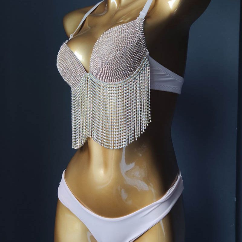 Sexy Women's Swimwear Rhinestone Bikini Crystal Diamond Push Up Swimsuit Tassels Jewelry Bathing Suits