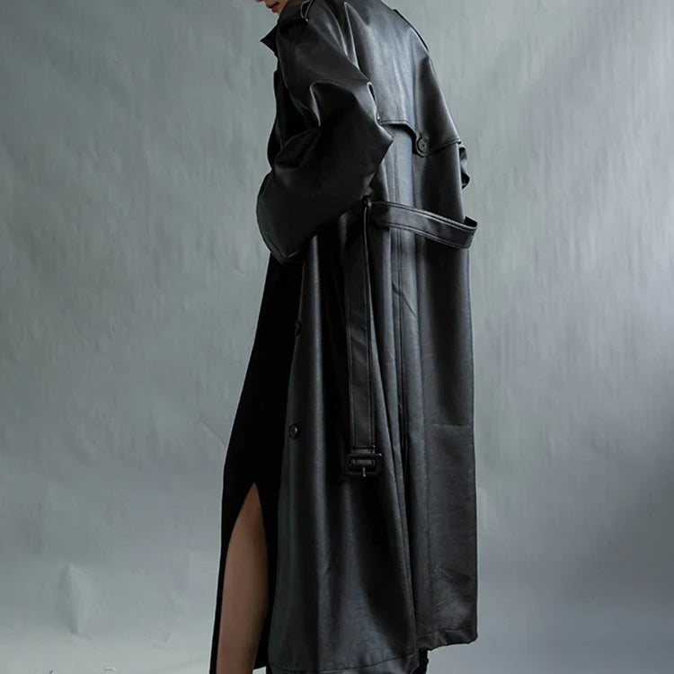 Autumn Extra Long Oversized Black Faux Leather Trench Coat for Women Long Sleeve Belt Double Breasted Loose Fashion 2021