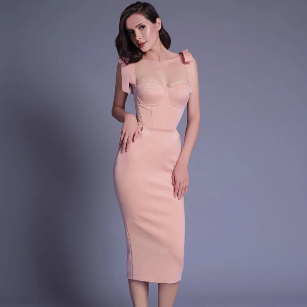 Pink White Color 2021 New Fashion Women's Sleeveless Sexy Bodycon Mid-calf Dress Evening Party Dress Birthday Celebrate Vestido Pink
