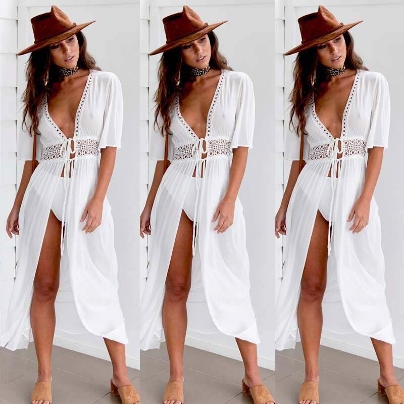 Plus Size Beach Long Maxi Dress Bikini Cover Up Tunic Pareo White V Neck Dress Robe Swimwear Bathing Suit Beachwear