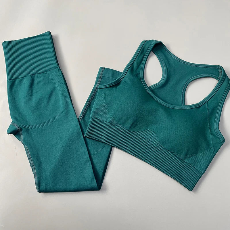 2/3/4PCS Seamless Women Yoga Set Workout Sportswear Gym Clothes Fitness Long Sleeve Crop Top High Waist Leggings Sports Suit Bra Pants Green