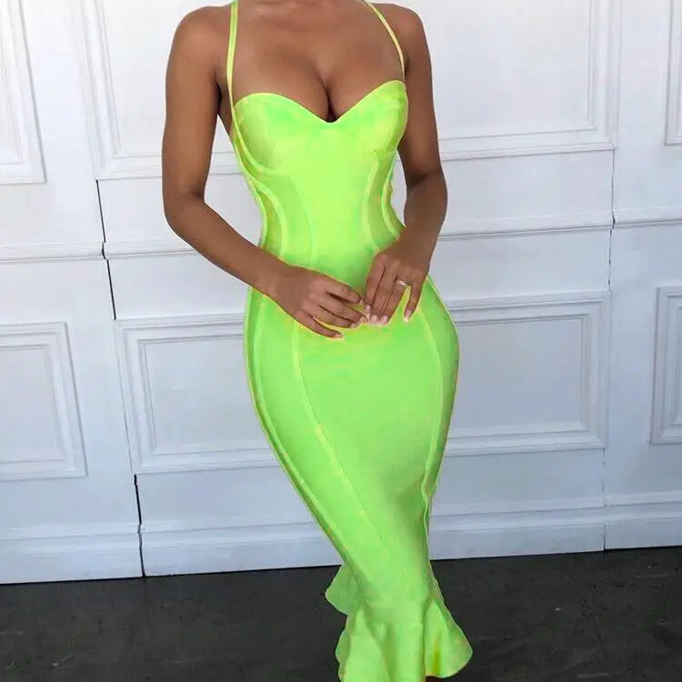 Pink Yellow Knee Length Rayon Bandage Dress Evening Party Elegant Dress