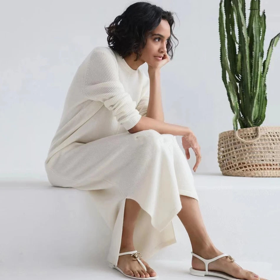 2024 Casual Midi Knit Dress Women's O-neck Long Sleeve Split Straight Dresses 2023 New Autumn Pure Color Knit Vestidos