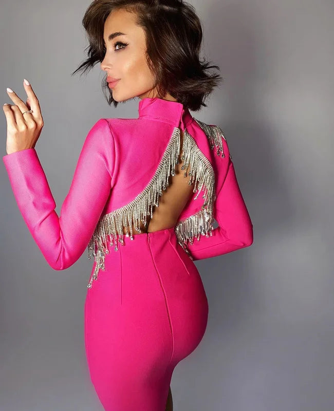 Red Black Sexy Fashion Sparkly Backless Diamonds Tassel Rayon Bandage Dress Cocktail Party Dress Vestidos Fuchsia