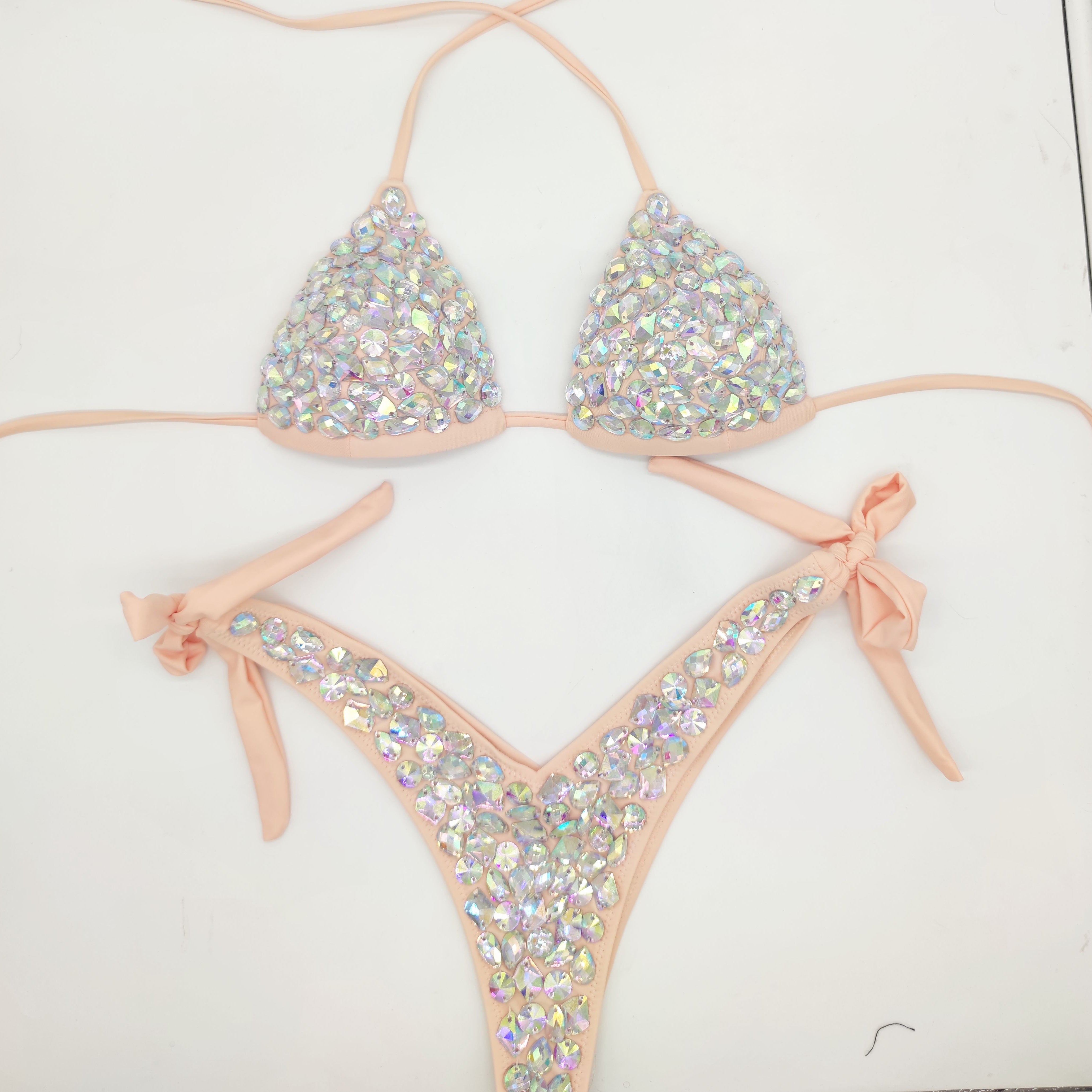 Rhinestone Triangle Bikini Sexy Push Up Women's Swimwear Crystal Diamond Halter Bandage Thong Biquine Swimsuit champagne