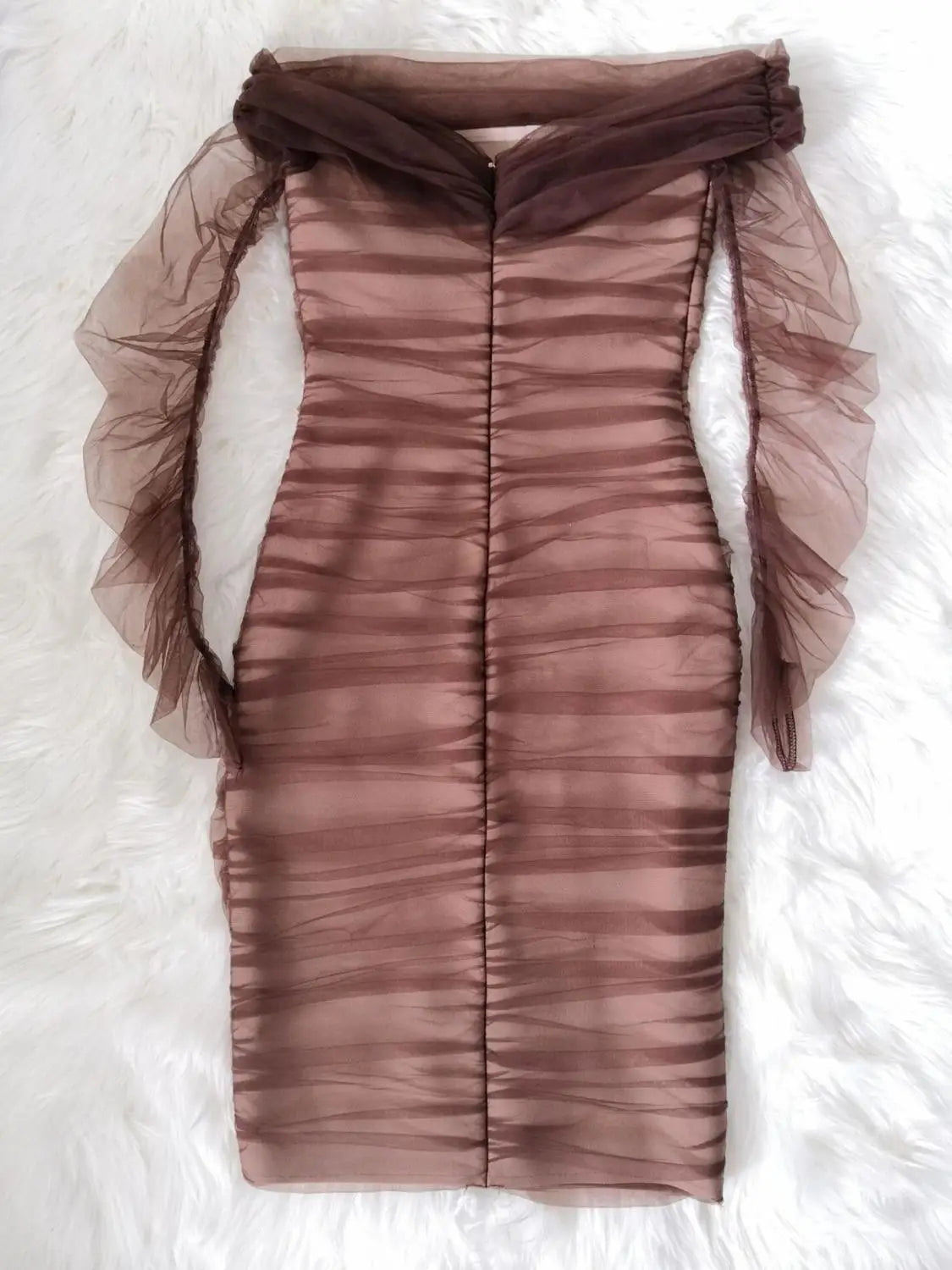 Brown Mesh Sleeve Off The Shoulder Rayon Bandage Dress Elegant Club Party Dress