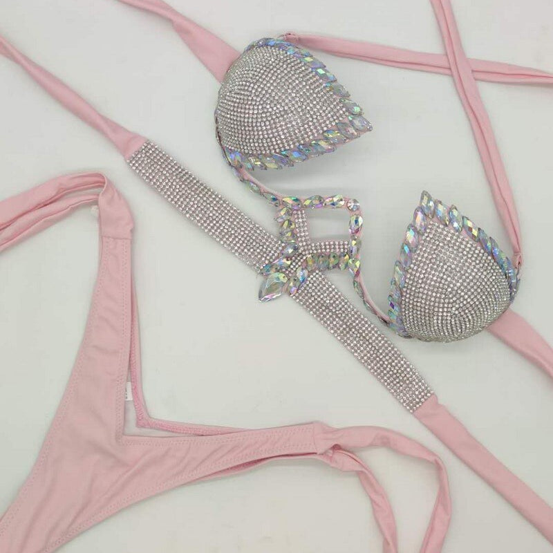 Push Up Triangle Bikini Luxury Rhinestone Women's Swimwear Crystal Diamond Sexy Gathered Swimsuit