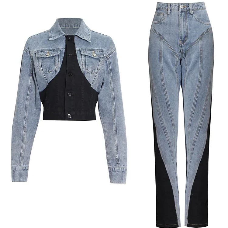 TWOTWINSTYLE Hit Color Patchwork Denim Two Piece Sets Women Long Sleeve Coat Jacket Female High Waist Pencil Pants Jeans 2022