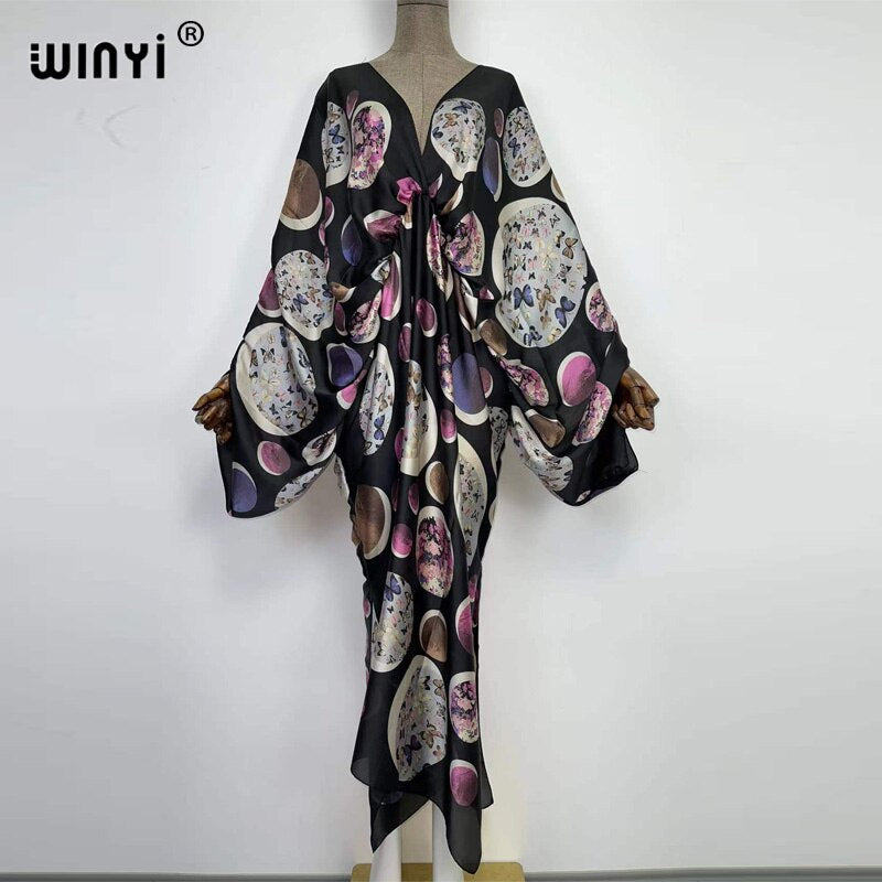 Sexy bech high-quality hand-rolled feel silk rayon fashion print 2024 WINYI Maxi Women's robes long beach V-neck Bohemian dress 13 One Size