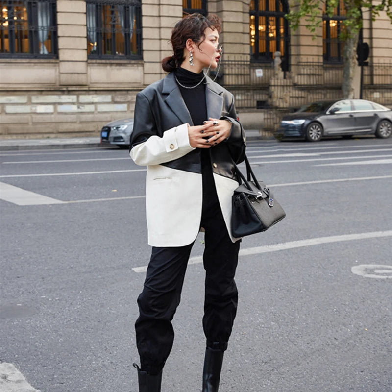 Korean Hit Color PU Leather Jacket For Women Notched Long Sleeve Patchwork Casual Blazers Female Fashion New Fall