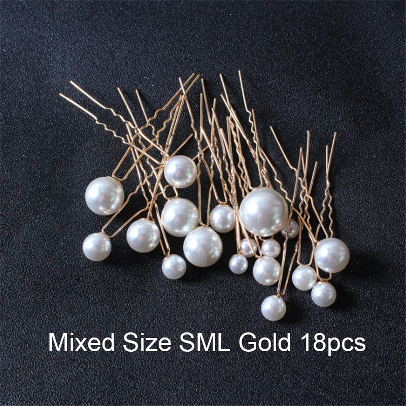 Women U-shaped Pin Metal Barrette Clip Hairpins Simulated Pearl Bridal Tiara Hair Accessories Wedding Hairstyle Design Tools Mix Gold 18pcs