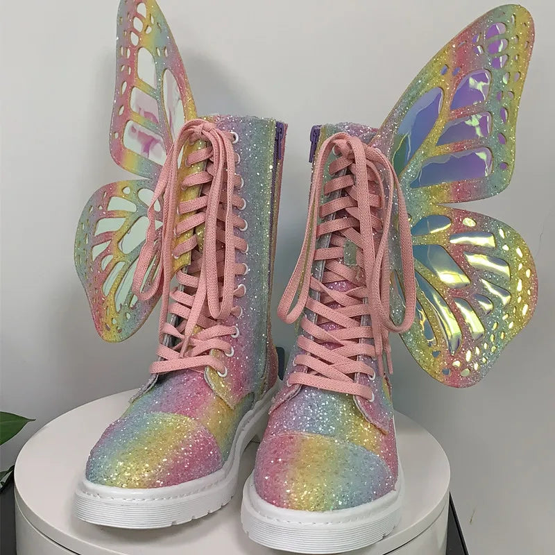 Butterfly Wings Women Shoes Shine Silver Leather Flat Sneakers Lace Up Women's ankle boots high-top Leisure Platform Shoes 2024
