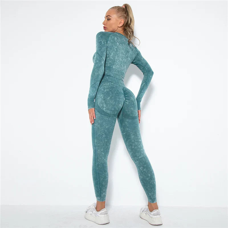 Women Seamless Yoga Set Fitness Sports Suits Gym Clothing Long Sleeve Crop Top Shirts High Waist Running Leggings Workout Pants Green 2pcs